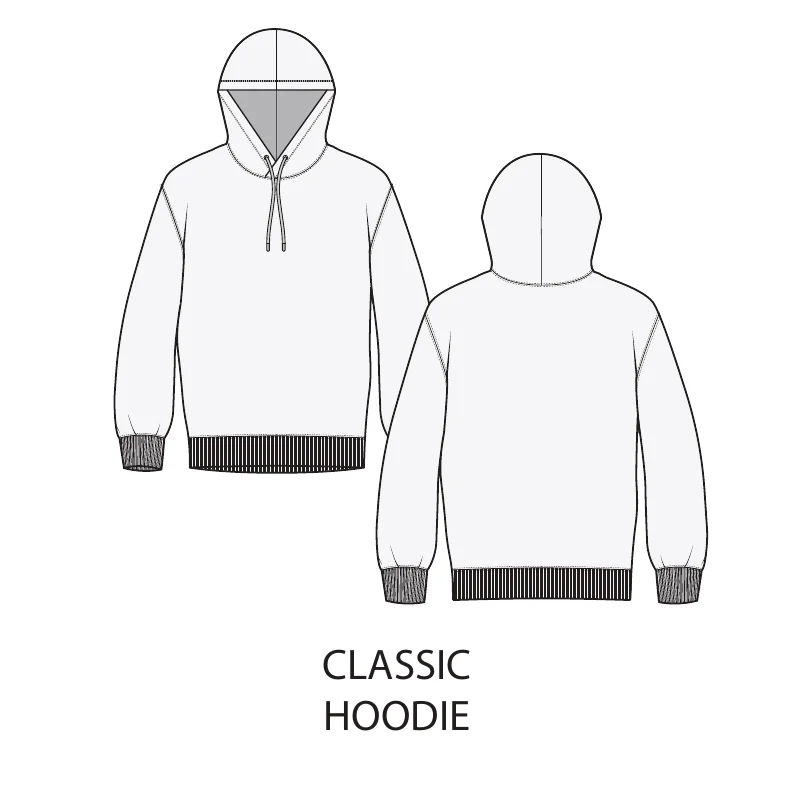 Classic hoodie tech pack, front and back flat sketch